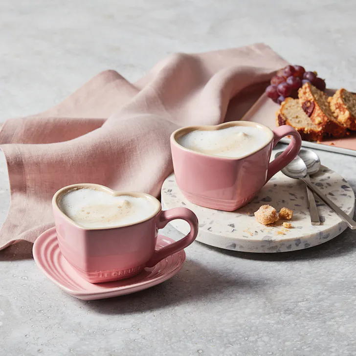 Le Creuset, Stoneware Set Of 2 Heart Mugs With Saucers

