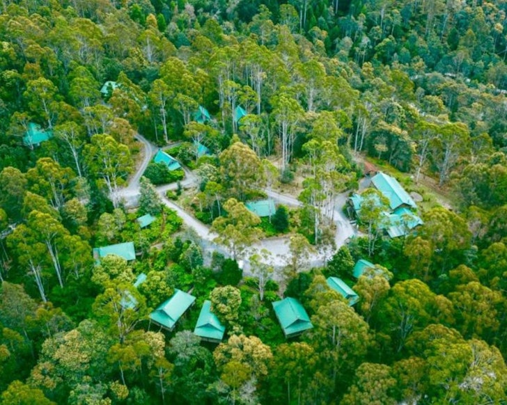 A view of Lemonthyme Wilderness Retreat one of the best hotels in Tasmania surrounded by trees
