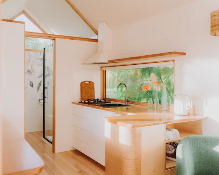 The light and airy kitchen at Libelle tiny home in Daylesford Victoria