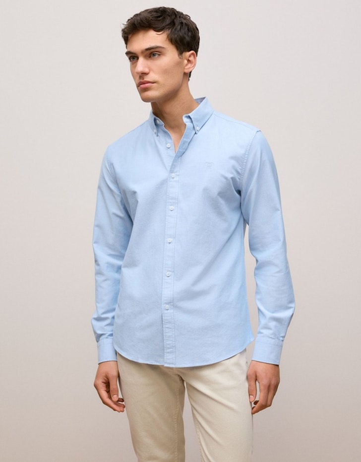 Regular Fit Yarn Dyed Cotton Monogram Oxford Shirt in Light Blue