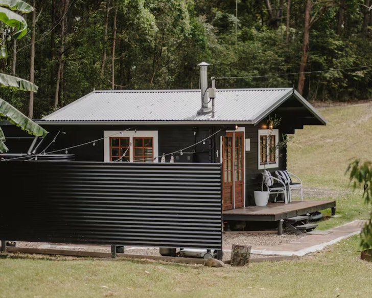The exterior view of Little Olive Eco Cabin tiny house in South East Queensland