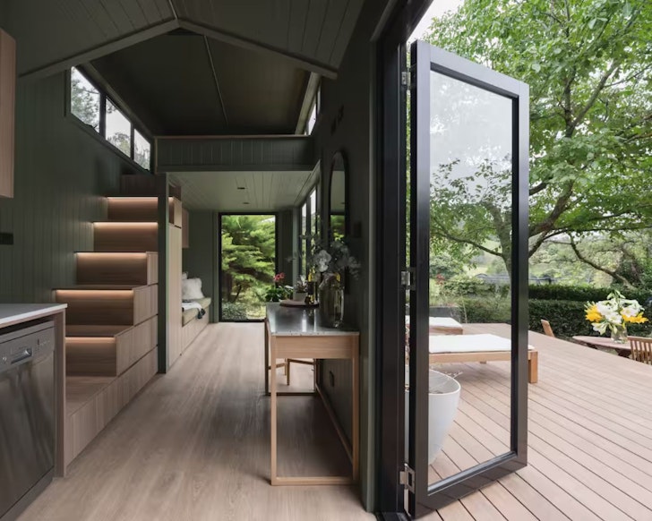 The stair case leading to the bed at Little Pines tiny home in Victoria