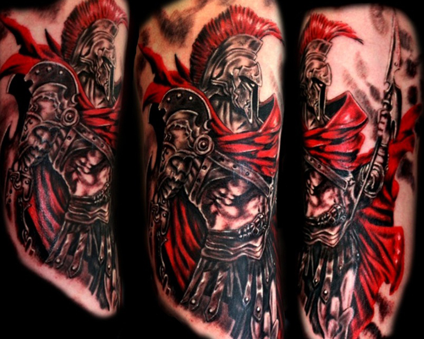A sleeve of a warrior seen from three sides at Living Art Tattoos.