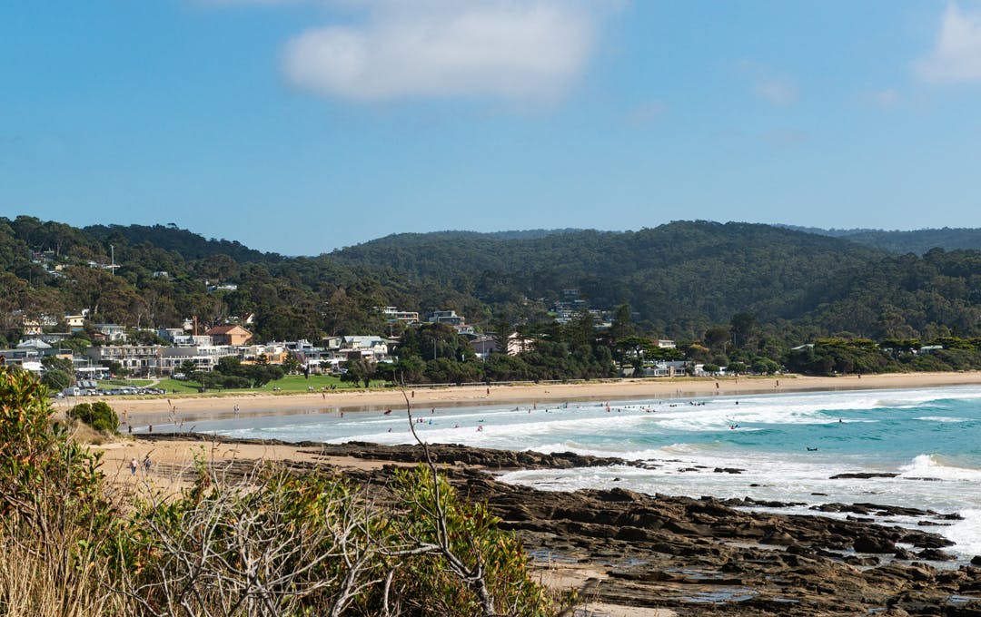 A landscape shot of Lorne bay and town. 