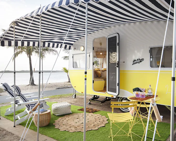 An exterior view of Lottie The Glamavan best romantic campervan hire Queensland