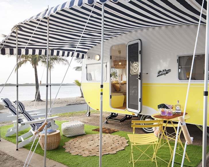 An exterior view of Lottie The Glamavan best romantic campervan hire Queensland