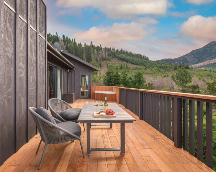 The outdoor balcony at 'Love' Hanmer Couples Retreat best Hanmer Springs accommodation