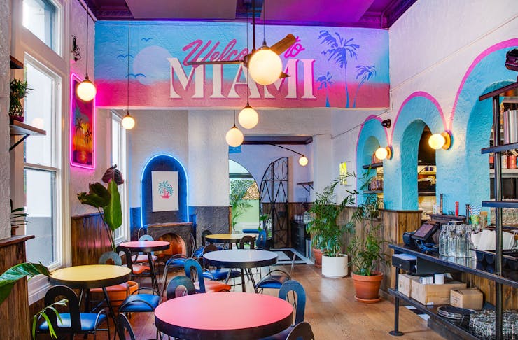 Bright interior of Neon Palms, one of Perth's best restaurants and bars reopening tonight