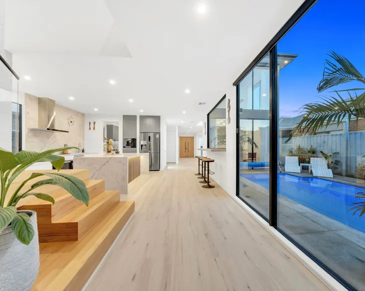 The living space and pool at Luxe Designer House best kid-friendly Airbnbs Melbourne