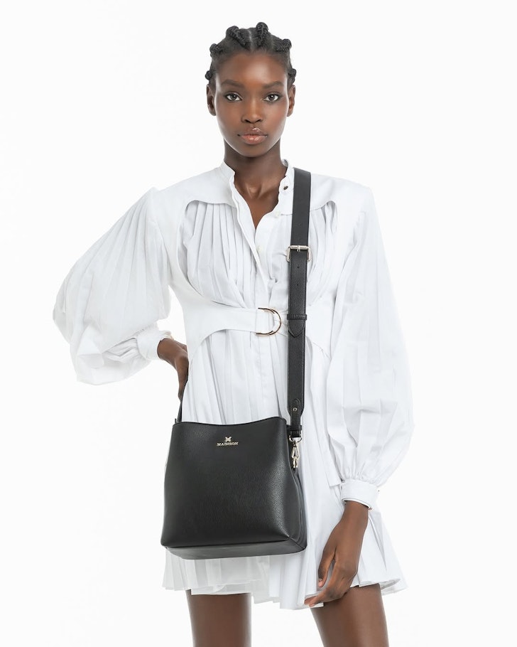 Madison Accessories Joanie 3 Compartment Bucket Crossbody Bag in Black