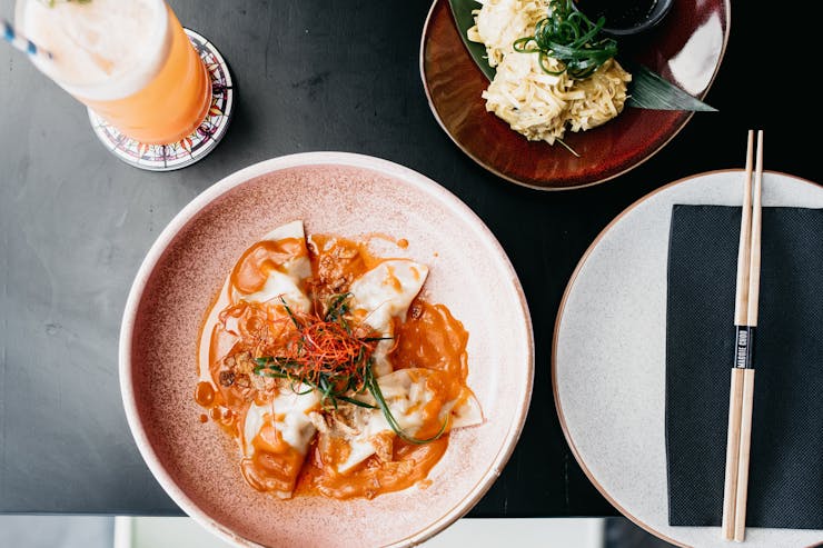 An aerial shot of a dumpling dish at Maggie Choo.