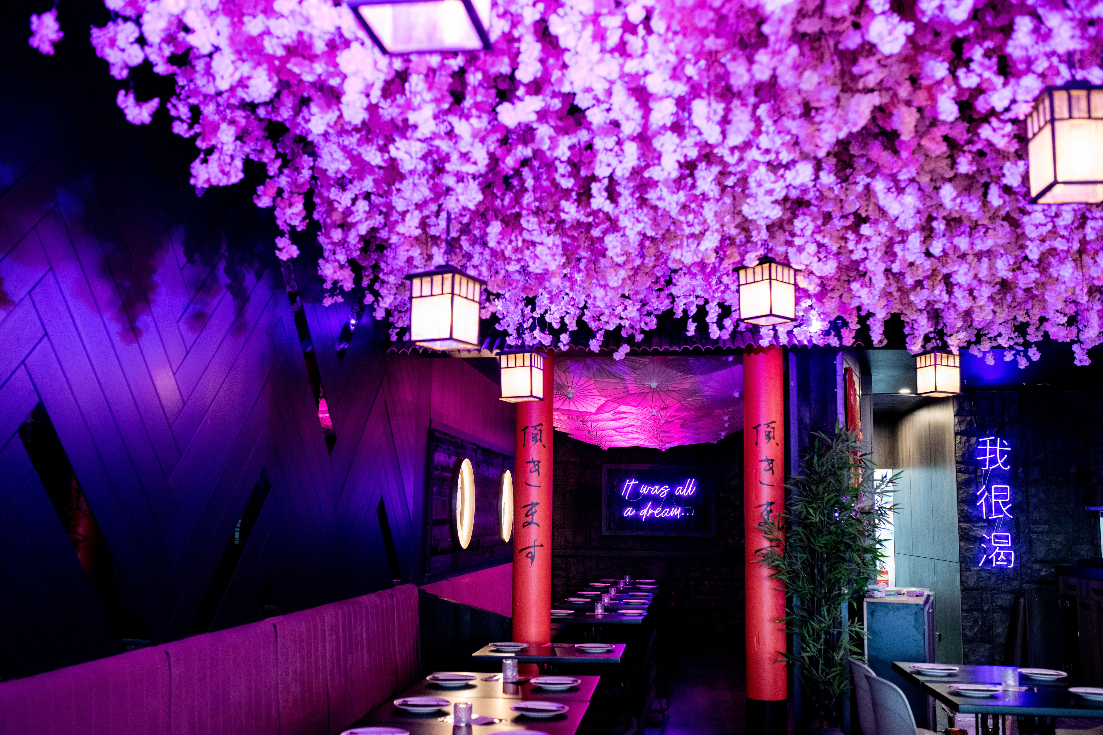 an asian restaurant with purple blossoms hanging from above