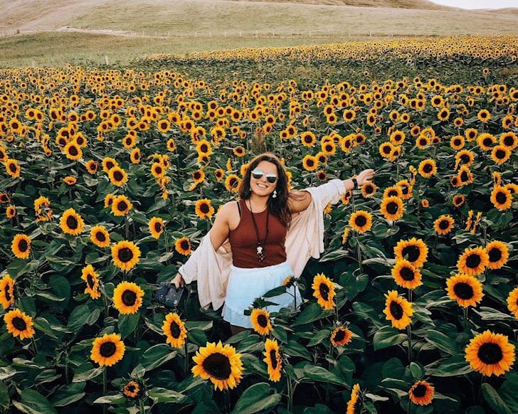 A girl stands in a field of sunflowers. 