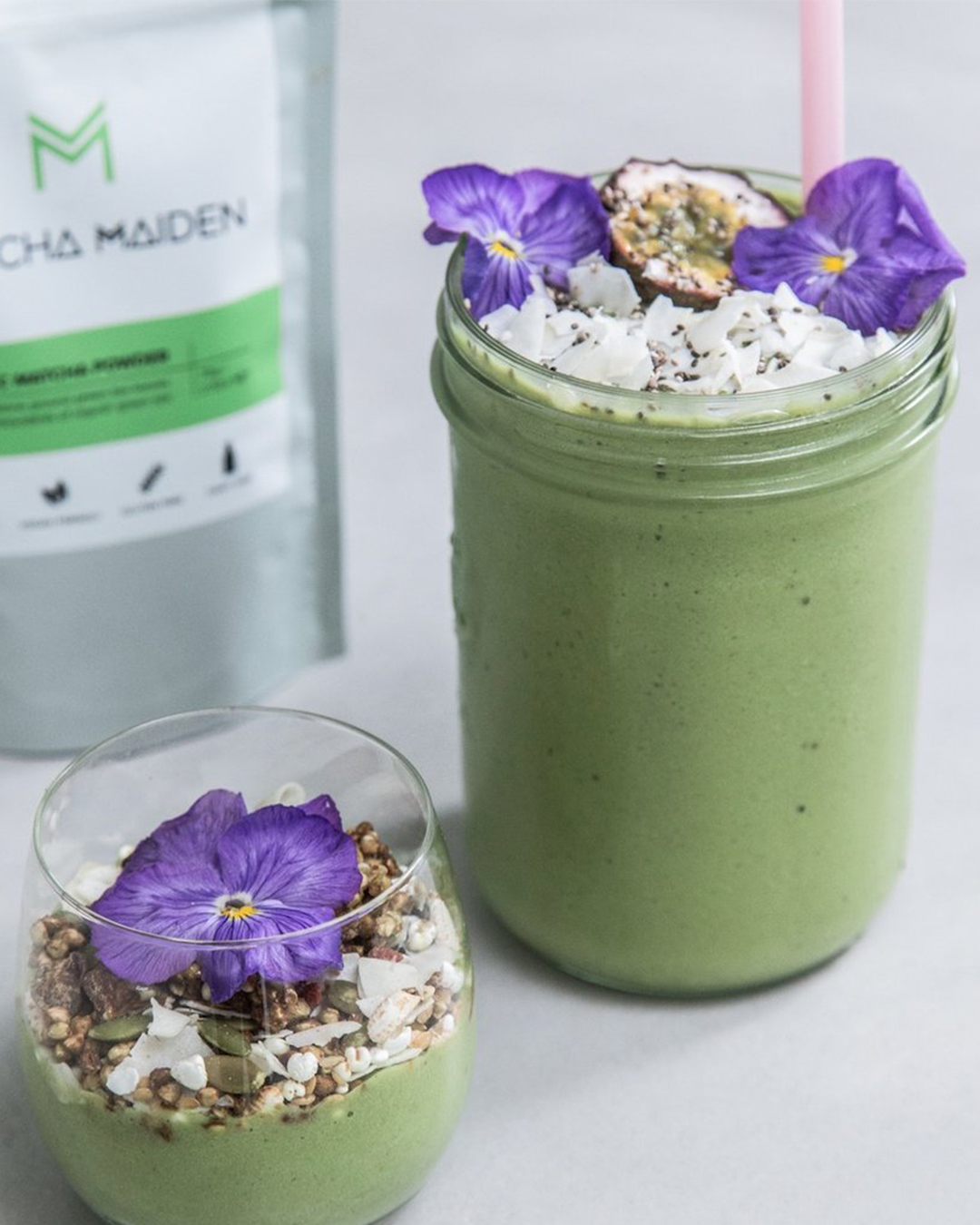 Matcha Maiden pouch with two matcha smoothies