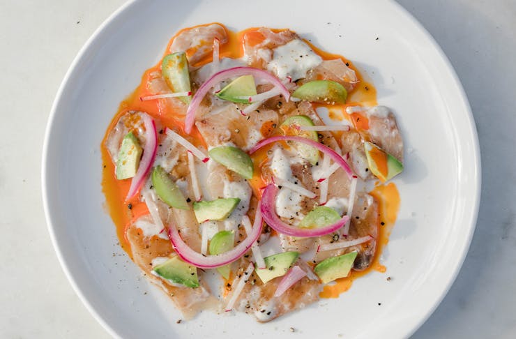 Top down view of a plate of ceviche