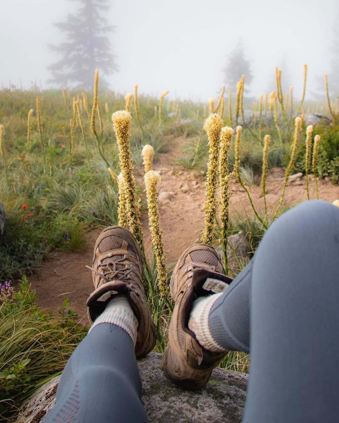 Legs are stretched out in front of the camera wearing socks and hiking shoes.