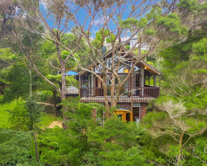 The home surrounded by trees at Mid-Century Urban Oasis one of the best Auckland Airbnbs