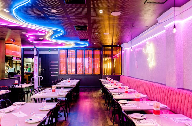 Neon lights run along the ceiling and walls at the Gold Coast's Asian eatery, Miss Mee.