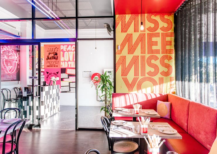 The pink-hued interior of Gold Coast restaurant, Miss Mee.