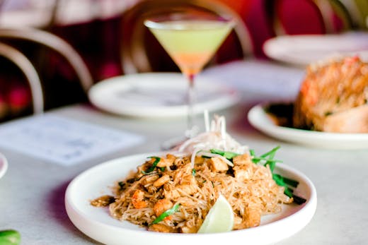 A plate of South-East Asian food on a table at a restaurant on the Gold Coast.
