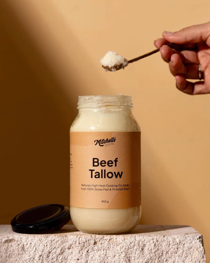 A jar of Mitchells Nutrition Beef Tallow. 
