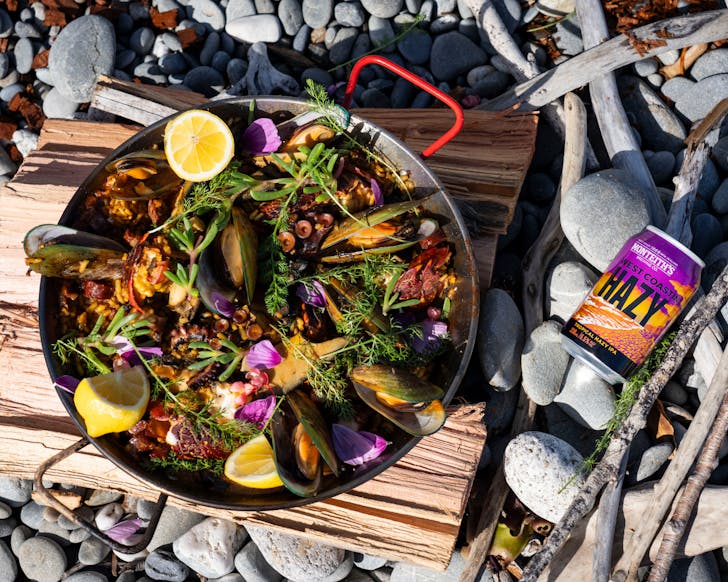 An entry in the Monteith's Wild Food Challenge: Kiwi-style wild food paella, ft. Blackball salami, paua, crayfish and native plants for garnish. 