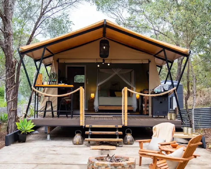 The firepit and tent at Moogie Glamp best glamping near Brisbane