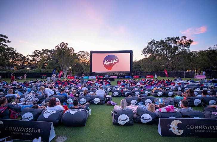 Several people sit on bean bags at Moonlight Cinema in Perth.