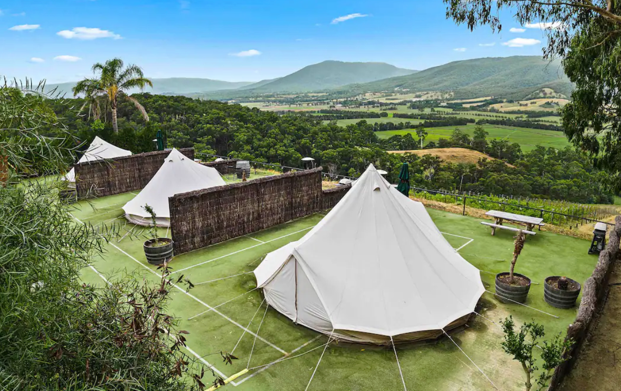 Two tents set up in a large ridge, some of the best glamping in Victoria 2023. 