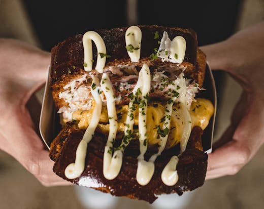 A thick-cut sandwich with egg lobster and mayo. 