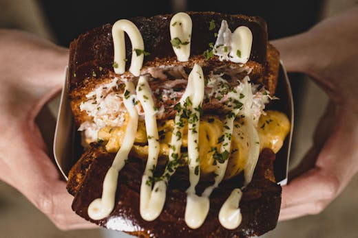 A thick-cut sandwich with egg lobster and mayo.