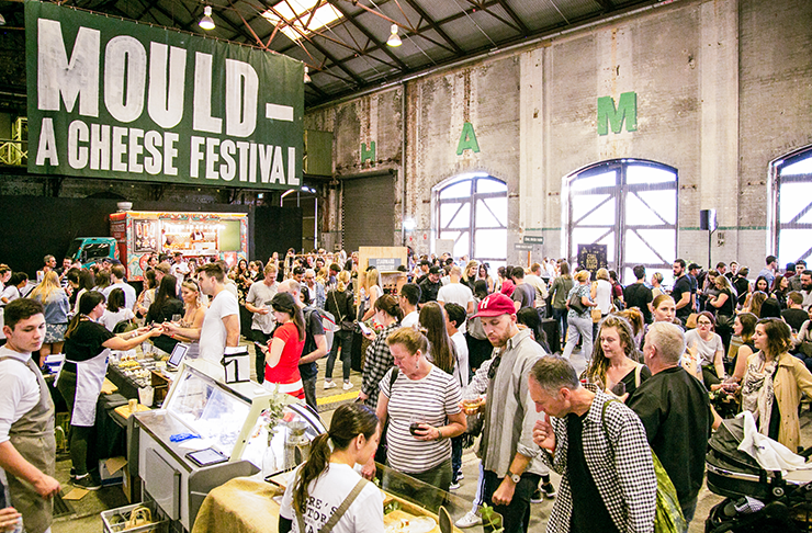 The inside of the cheese festival with people tasting cheese and a green banner that reads Mould Cheese Festival