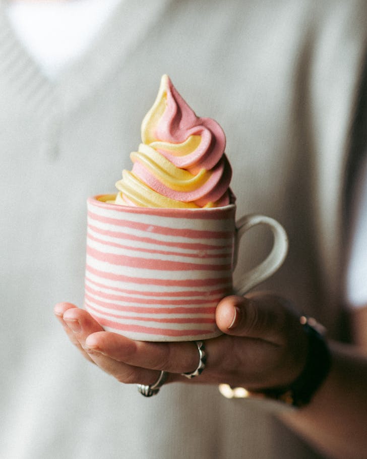 Mr Twist's lush soft serve ice cream inside a Mystery Creek Ceramics mug. 