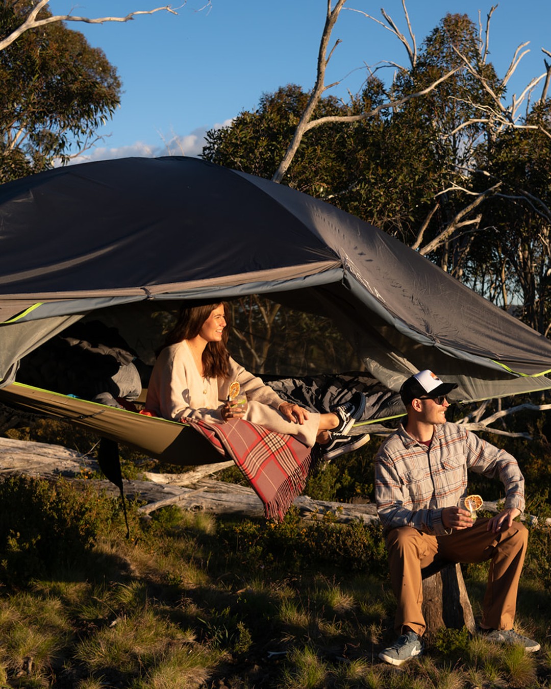 Couple camping in suspended tent in Mt Hotham