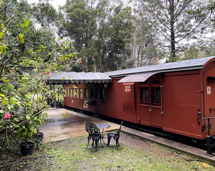 The exterior of Mt Nebo Railway Carriage romantic getaway near Brisbane