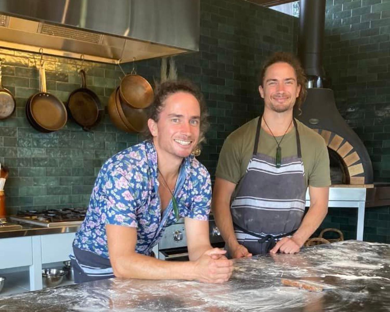 Cam and Boyd from Muriwai Deli get to work in the kitchen at the Good From Scratch cookery school. 