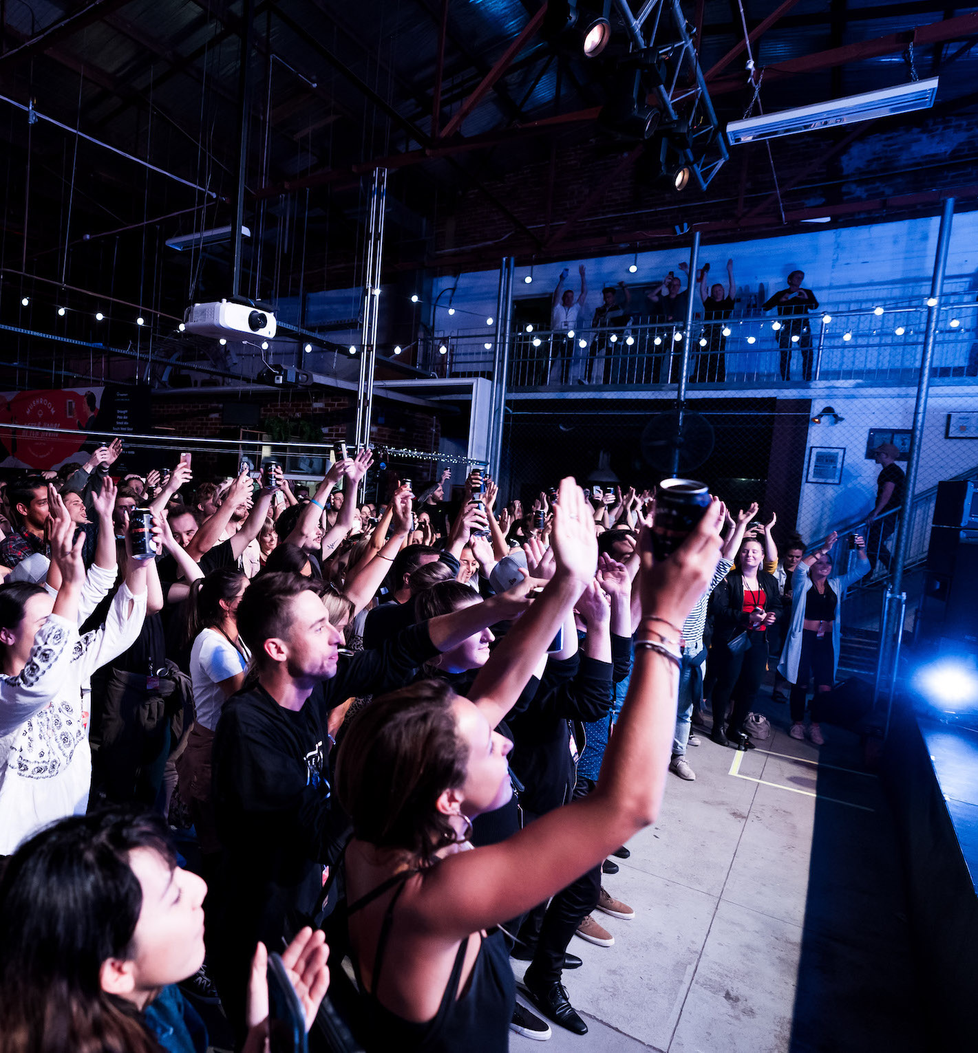 Party goers stand in the crowd with their arms in the air. 
