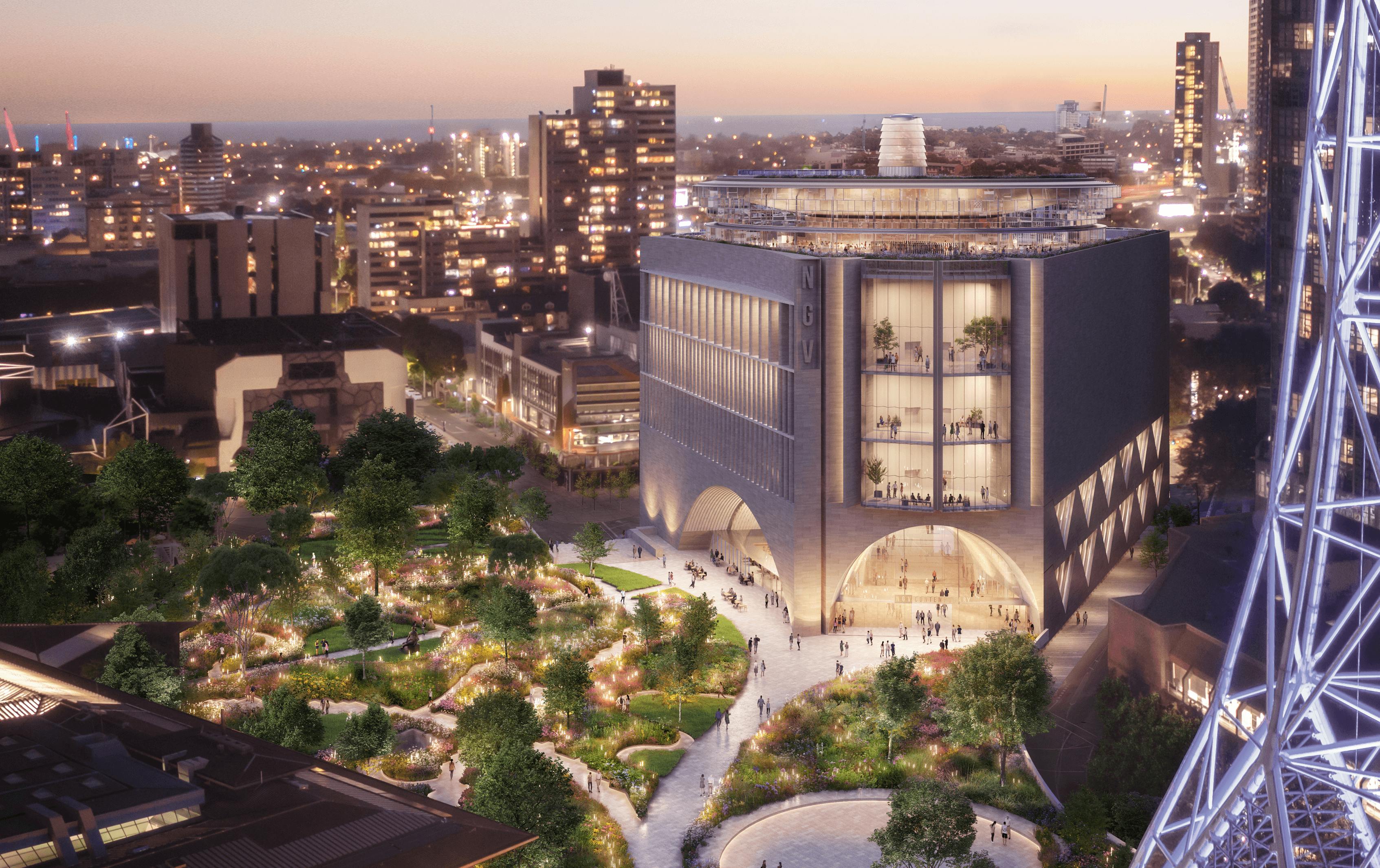 A night-time concept render of the new NGV building with lights all around.