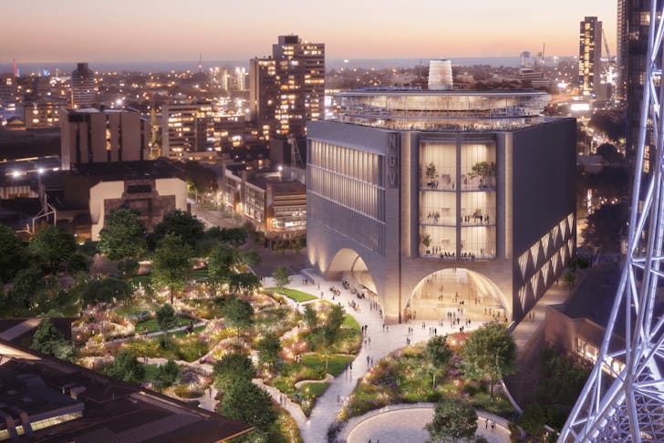 A night-time concept render of the new NGV building with lights all around.
