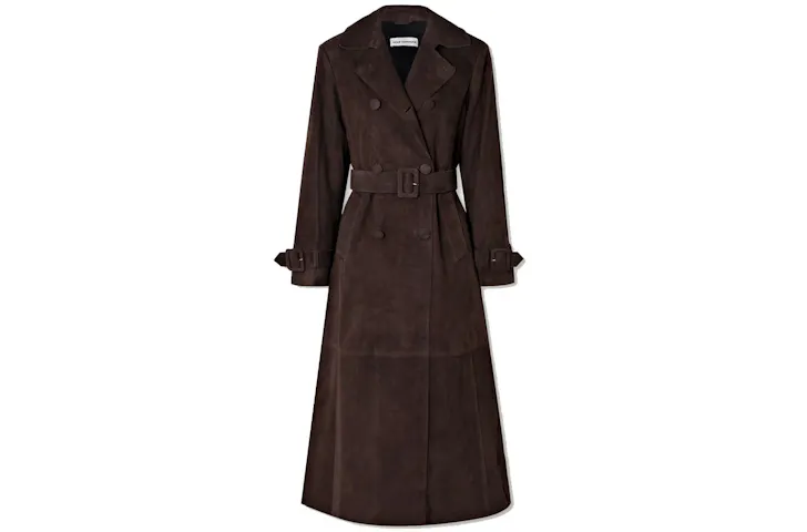 Nour Hammour Tate Suede Trench Coat, one of the best trench coats