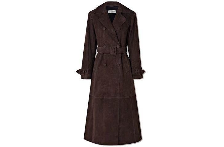 Nour Hammour Tate Suede Trench Coat, one of the best trench coats