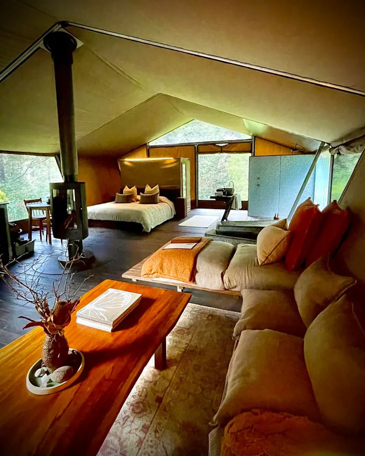 The interior of a tent at Nightfall best glamping near Brisbane