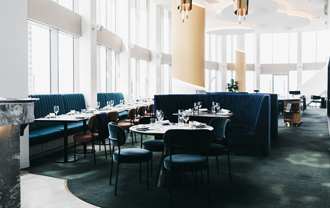 a blue and gold restaurant interior