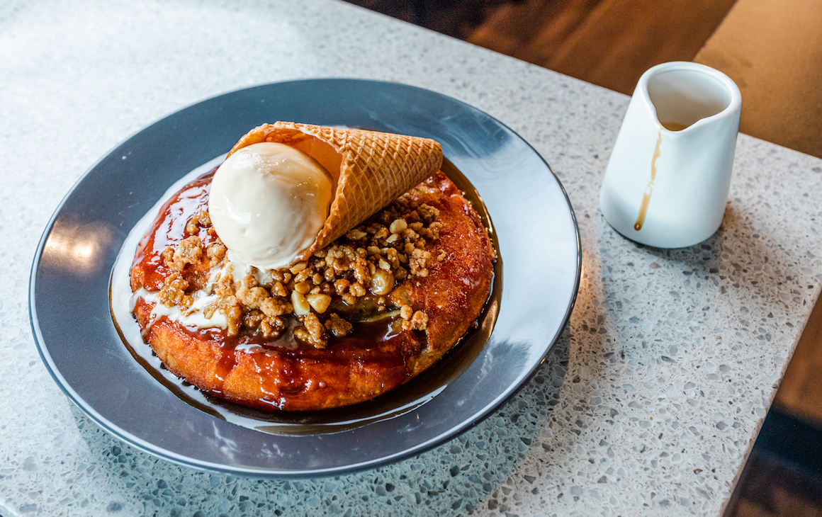 banana pancake topped with waffle cone from Nogi Lane