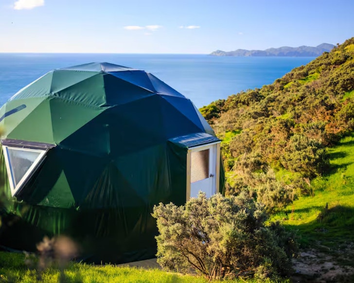 A view of the green Nook Dome overlooking the water, one of the most romantic stays in Wellington