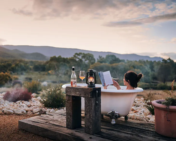 The outdoor bath at ​Nook On The Hill best Airbnbs Victoria