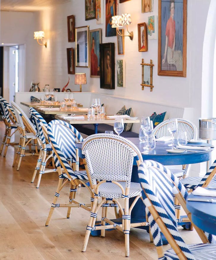 a blue and white restaurant