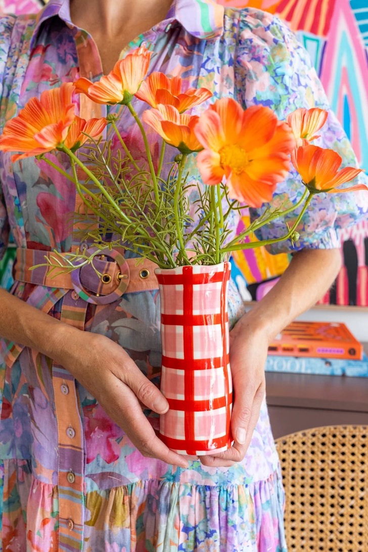 Noss And Co Small Pink And Red Gingham Vase