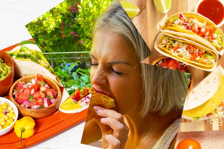 Collage of woman eating tacos