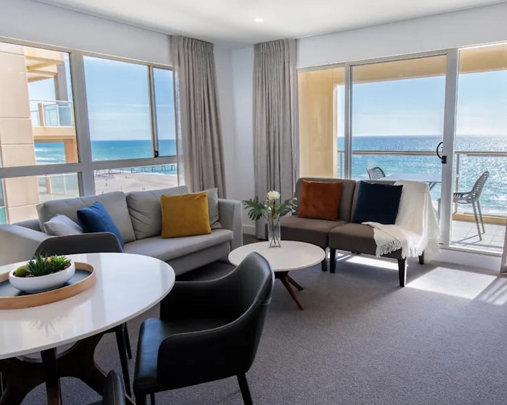 A room with a sea view at Oaks Glenelg Plaza Pier Suites one of the best Adelaide hotels